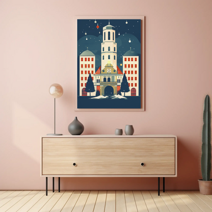 Winter Town Hall Scene With Stars Travel Poster