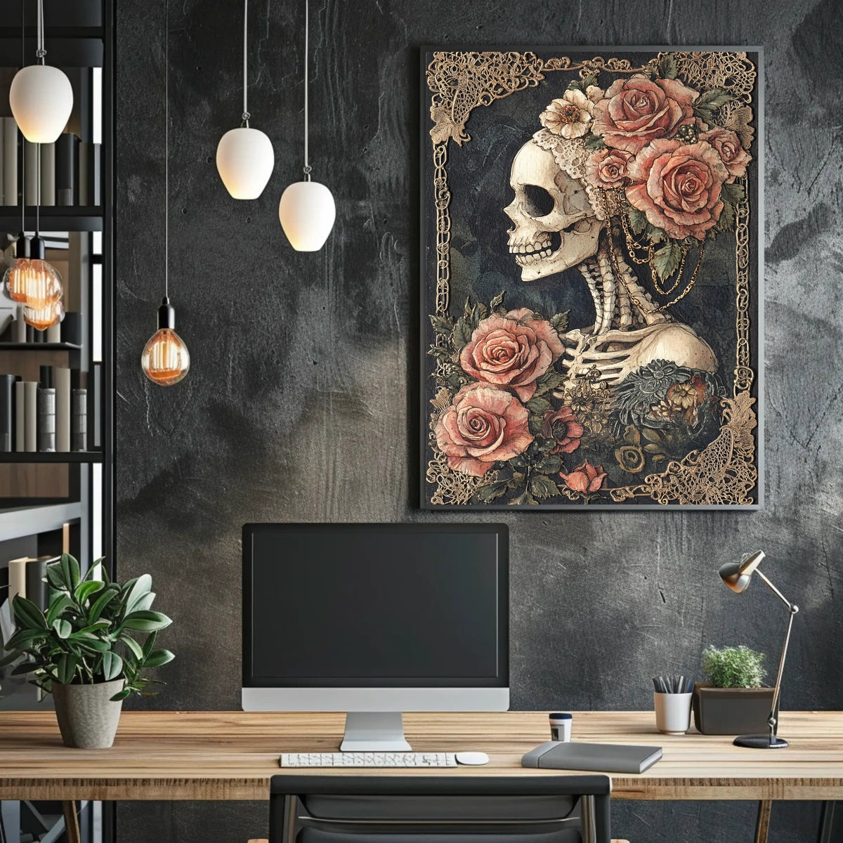 Skull and Roses Floral Elegance Artistic Poster