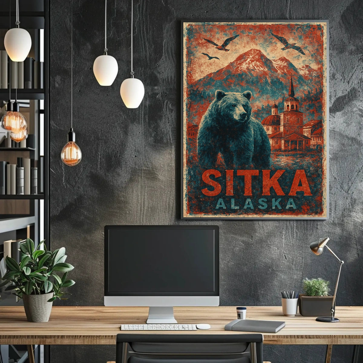 Sitka Alaska Travel Vintage Bear Foreground Snowcapped Mountains Church Heritage Art Deco Retro Eighties Poster