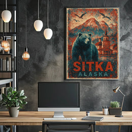 Sitka Alaska Travel Vintage Bear Foreground Snowcapped Mountains Church Heritage Art Deco Retro Eighties Poster