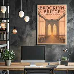 Brooklyn Bridge Sunrise Poster Vintage Travel Wall Art