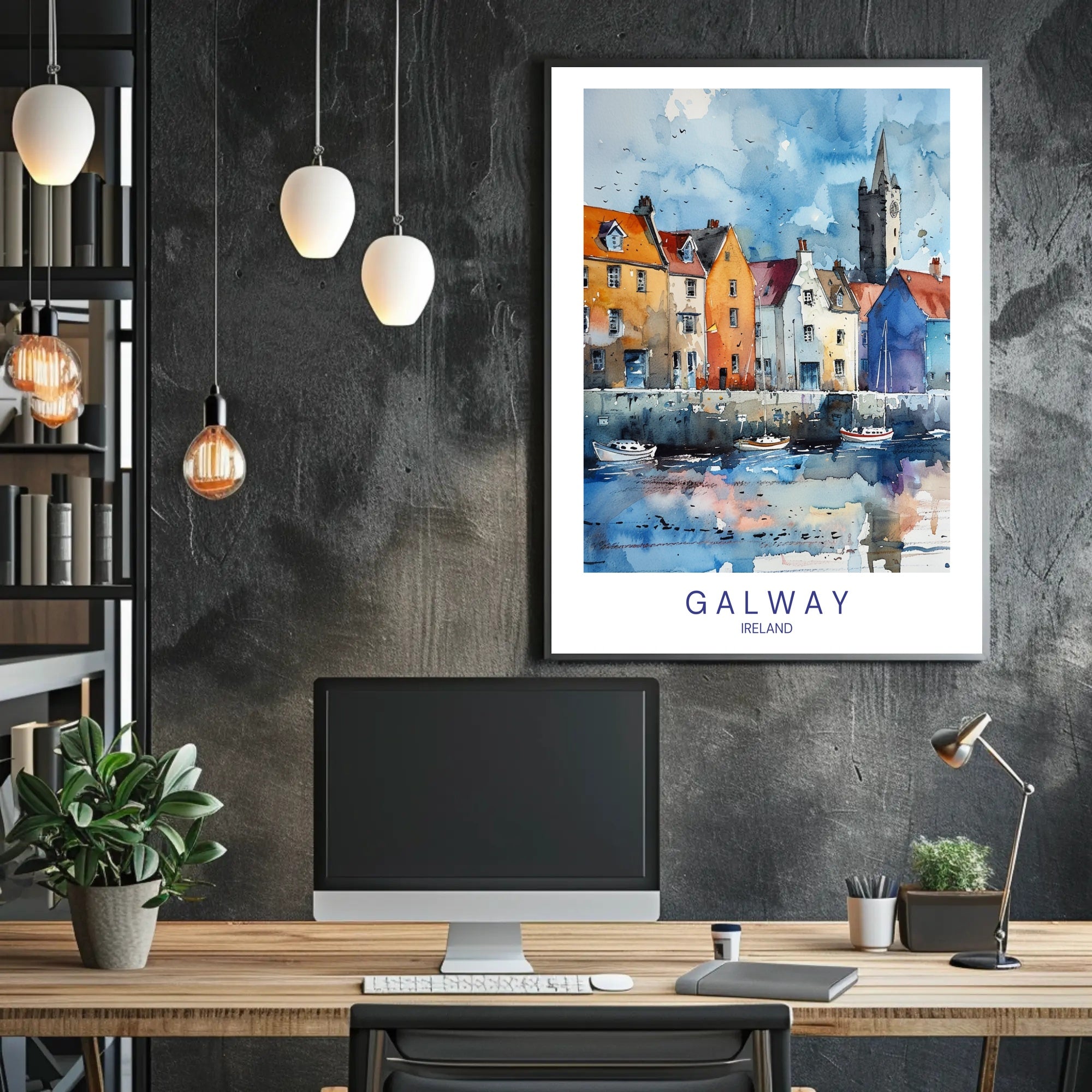 Charming Galway Waterfront Scene in Watercolor Travel Poster PosterGoat