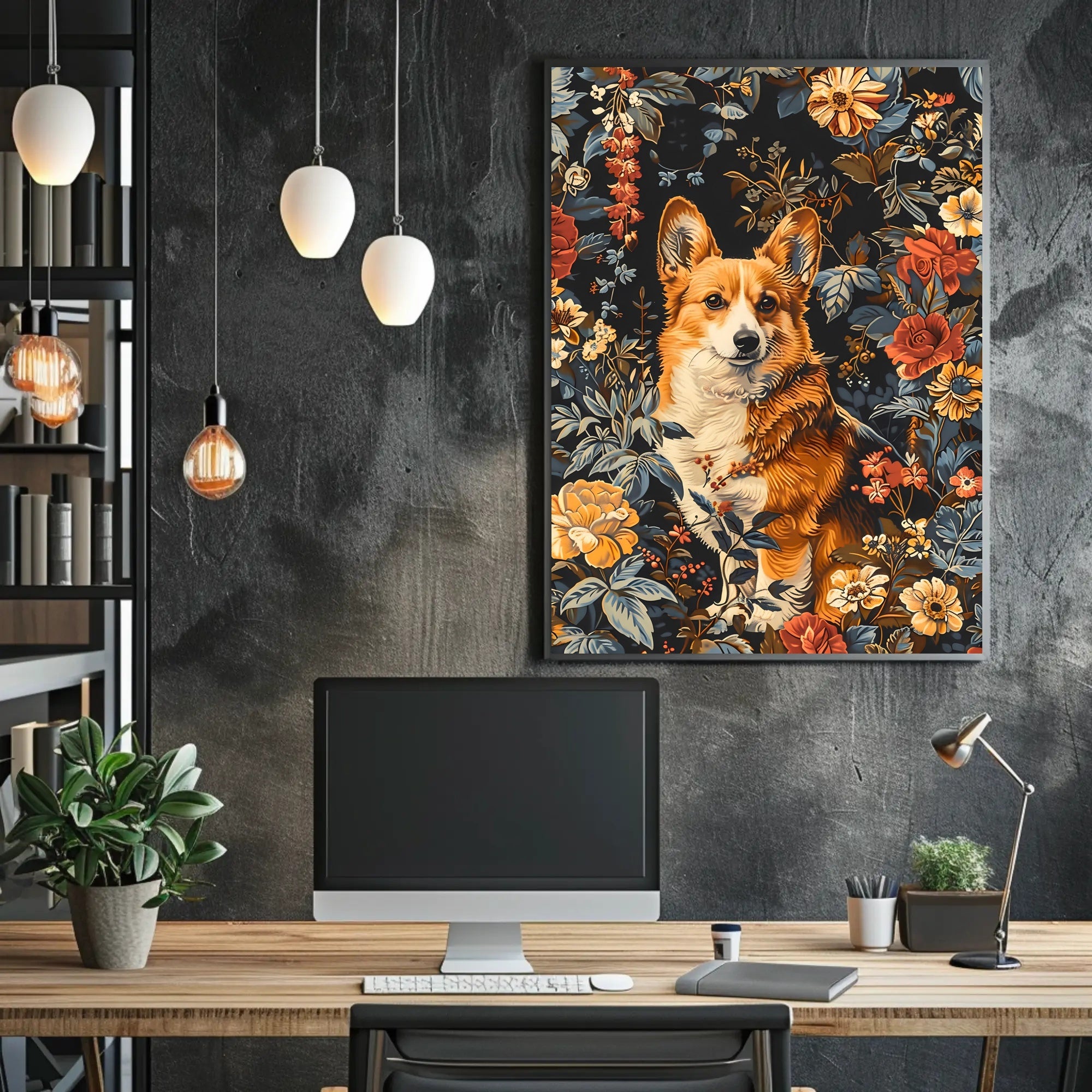 Floral Corgi Portrait Wall Art Print