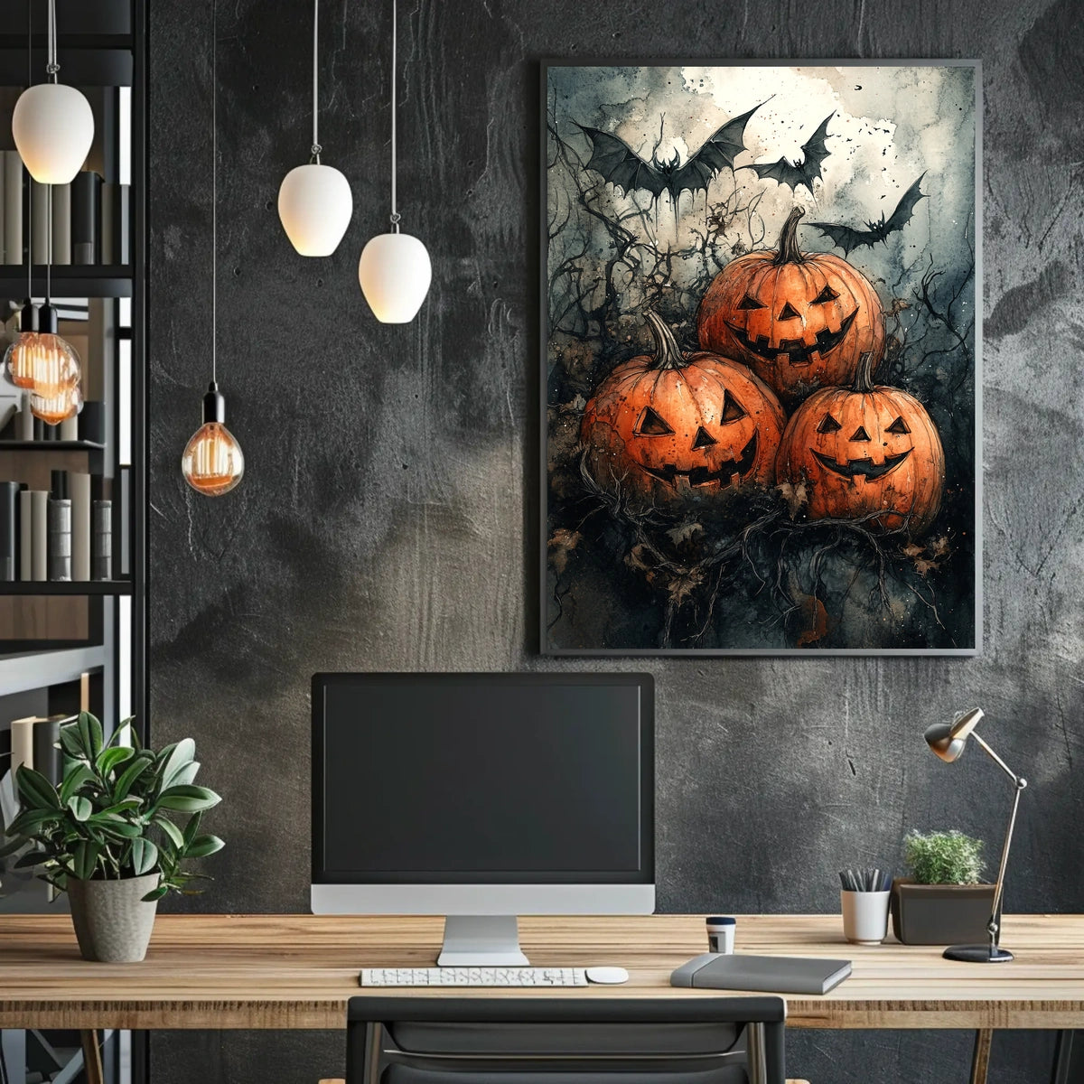 Halloween Jack-o'-lantern Bats Gathering Art Print Poster