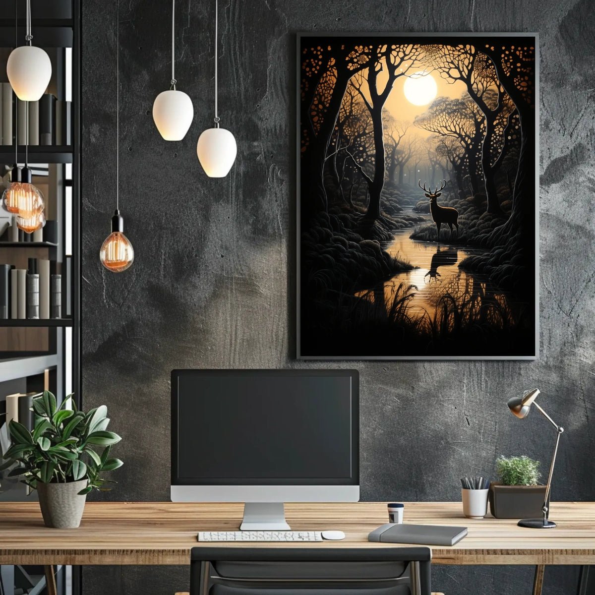 Stag by Moonlit Stream Serenity Animal Poster