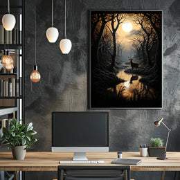 Stag by Moonlit Stream Serenity Animal Poster