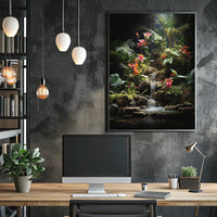 Tropical Paradise: Lush Botanical Poster Featuring Birds and Waterfall