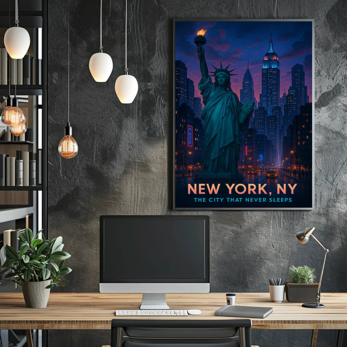 New York City Skyline Night View Poster Modern Wall Art