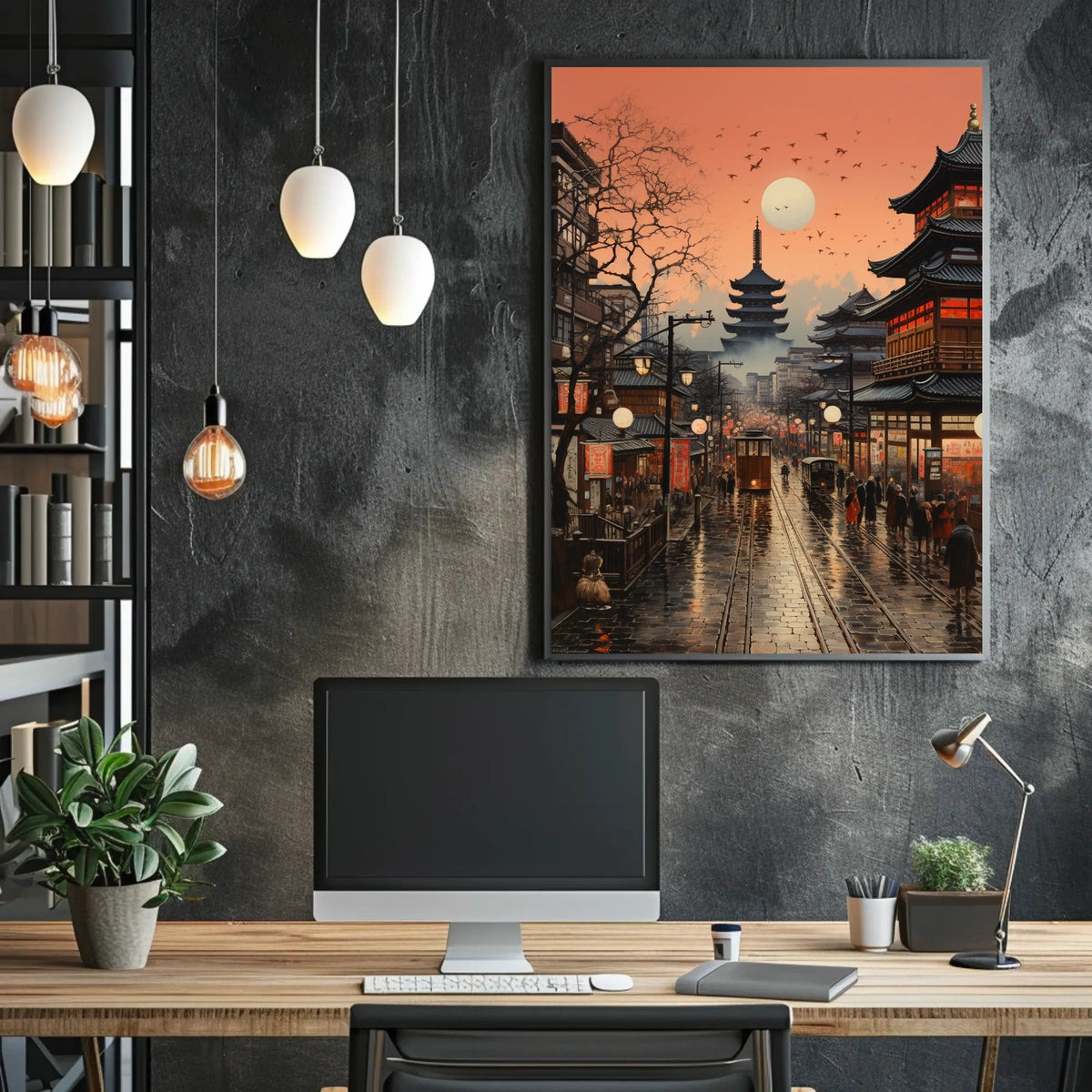 Vibrant Japanese Cityscape Sunset with Pagoda Cultural Poster
