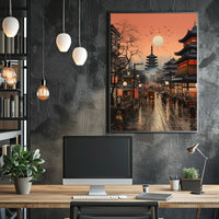 Vibrant Japanese Cityscape Sunset with Pagoda Cultural Poster