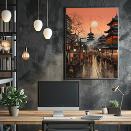 Vibrant Japanese Cityscape Sunset with Pagoda Cultural Poster