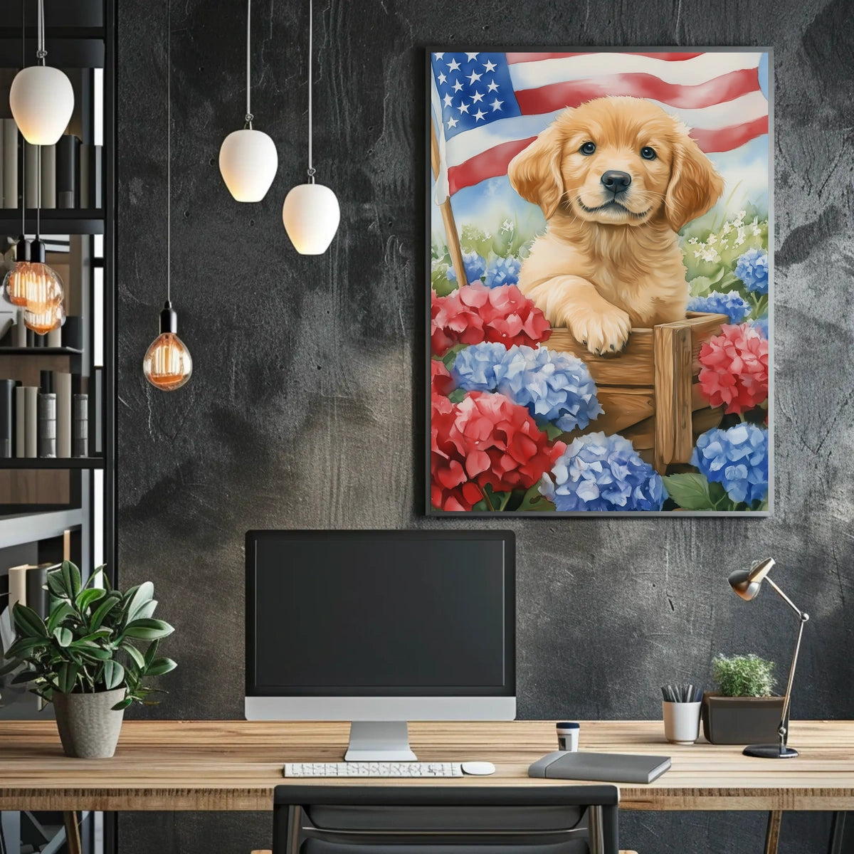 Beautiful Golden Retriever Puppy In A Wooden Wagon Poster