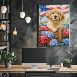 Beautiful Golden Retriever Puppy In A Wooden Wagon Poster