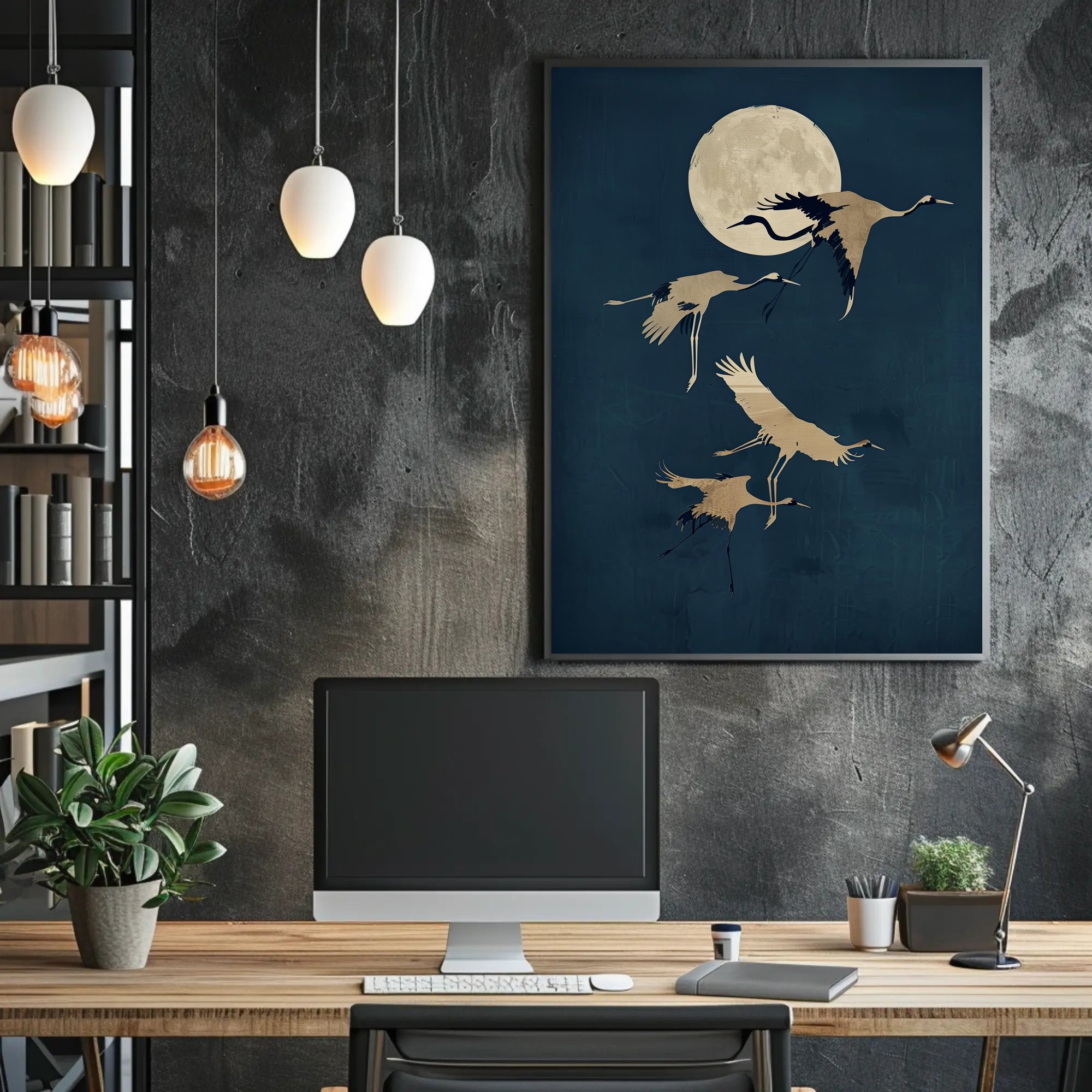 Moonlit Flight of Cranes Poster