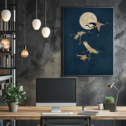 Moonlit Flight of Cranes Poster