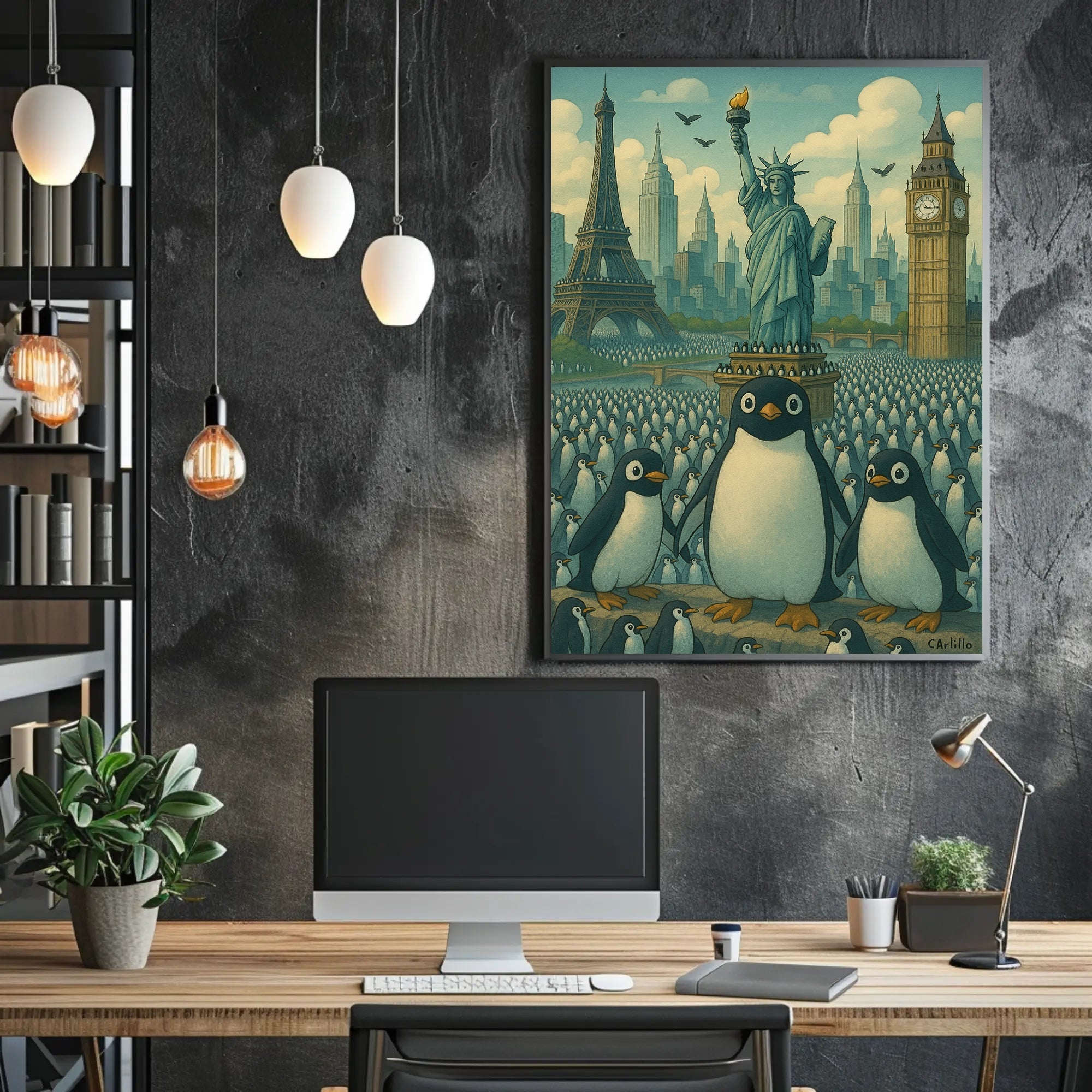 Whimsical Landmarks and Penguins Travel Poster