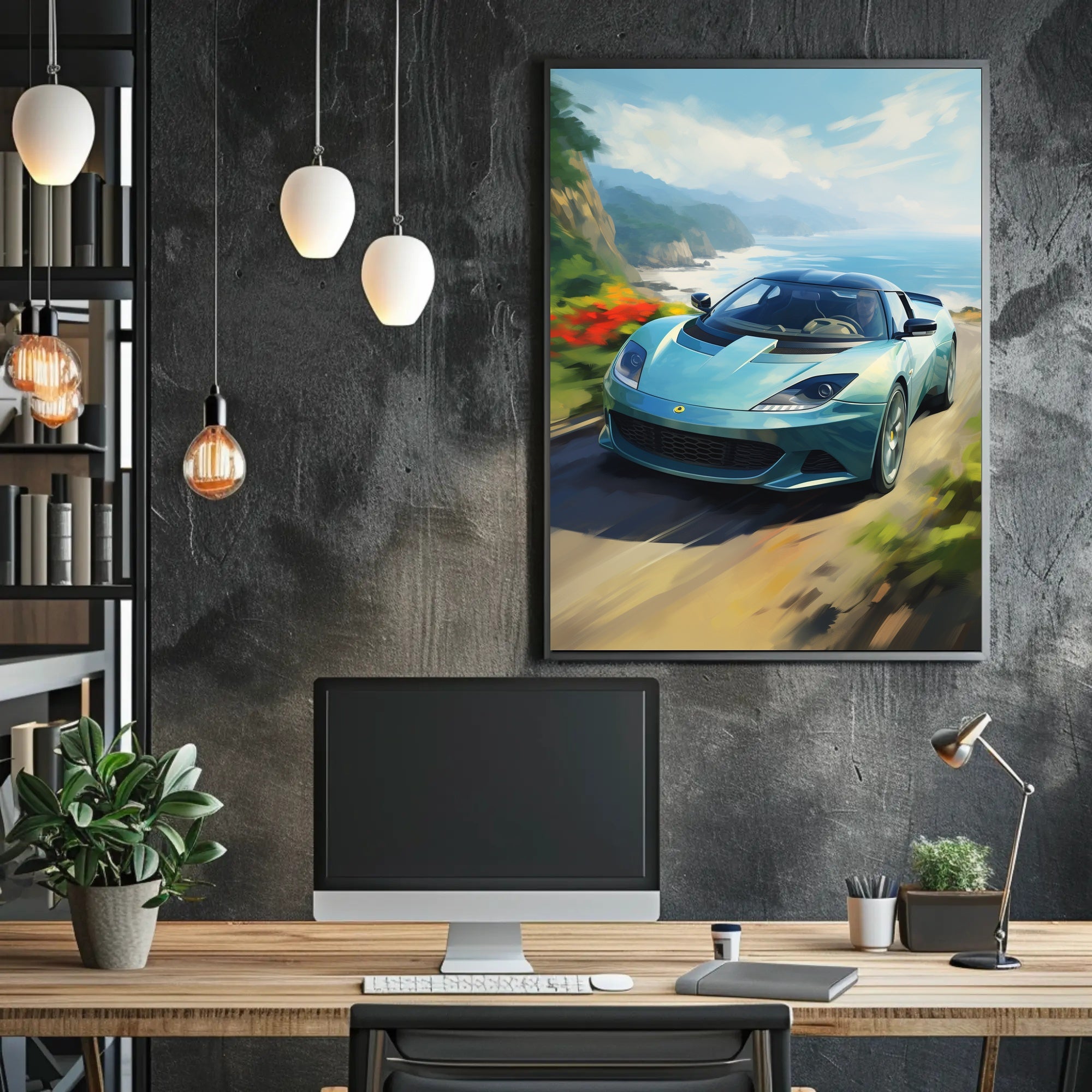 Modern Sports Car Coastal Adventure: Artistic Poster