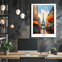 Parisian Street with Eiffel Tower Urban Cityscape Poster PosterGoat