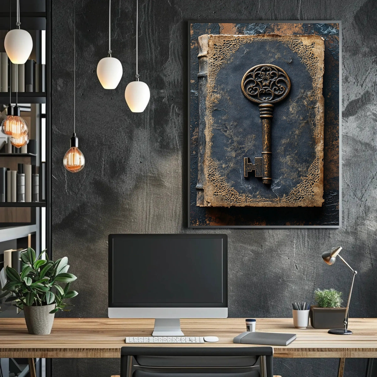 Antique Ornate Key on Aged Book Cultural Heritage Poster