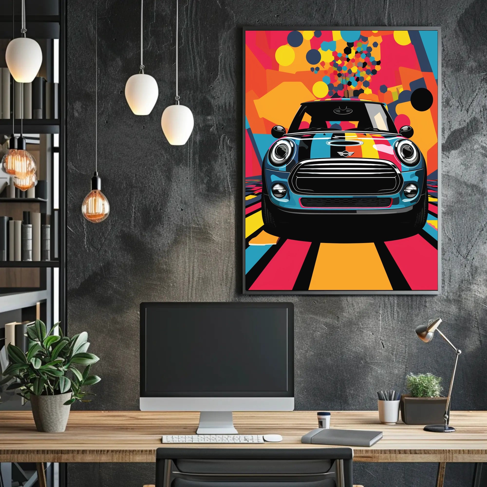 Mini Car Pop Art Poster: Vibrant Geometric Design