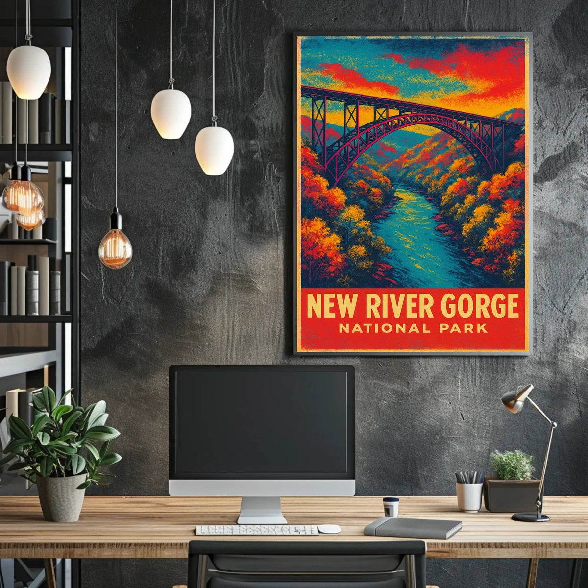 New River Gorge Autumn Vintage Travel Retro 80s Poster