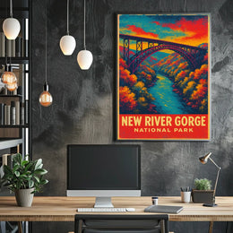 New River Gorge Autumn Vintage Travel Retro 80s Poster