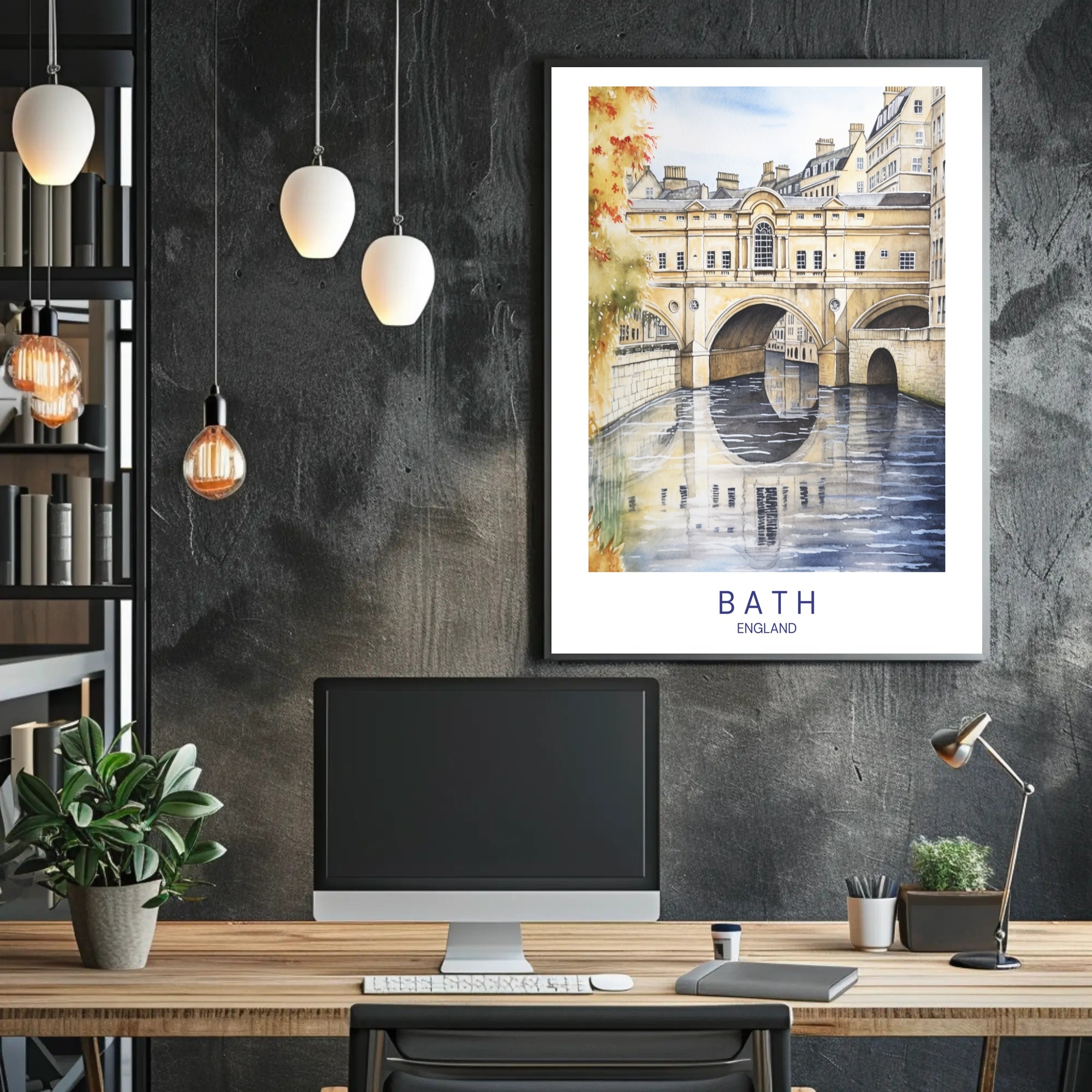 Iconic Pulteney Bridge in Bath Watercolor Urban Cityscape Poster PosterGoat