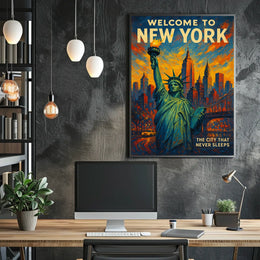 New York Skyline Sunset Art Poster Vintage Wall Art