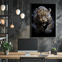 The poster features a dynamic and intense depiction of a leopard in mid-pounce. Travel Poster