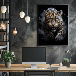 The poster features a dynamic and intense depiction of a leopard in mid-pounce. Travel Poster