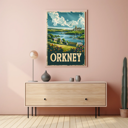 Orkney Coastal Village British Isles Travel Poster