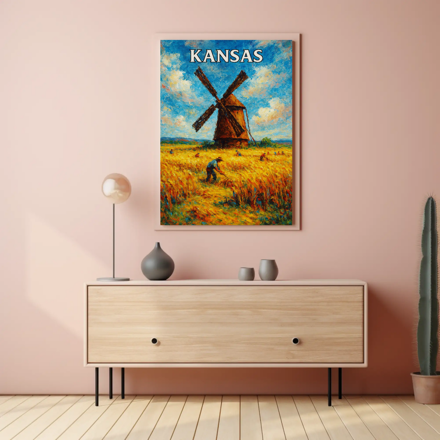 Kansas Windmill Wheat Field Harvest Painting Poster Poster