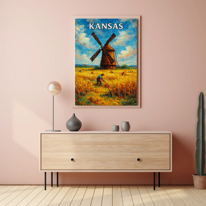 Kansas Windmill Wheat Field Harvest Painting Poster Poster
