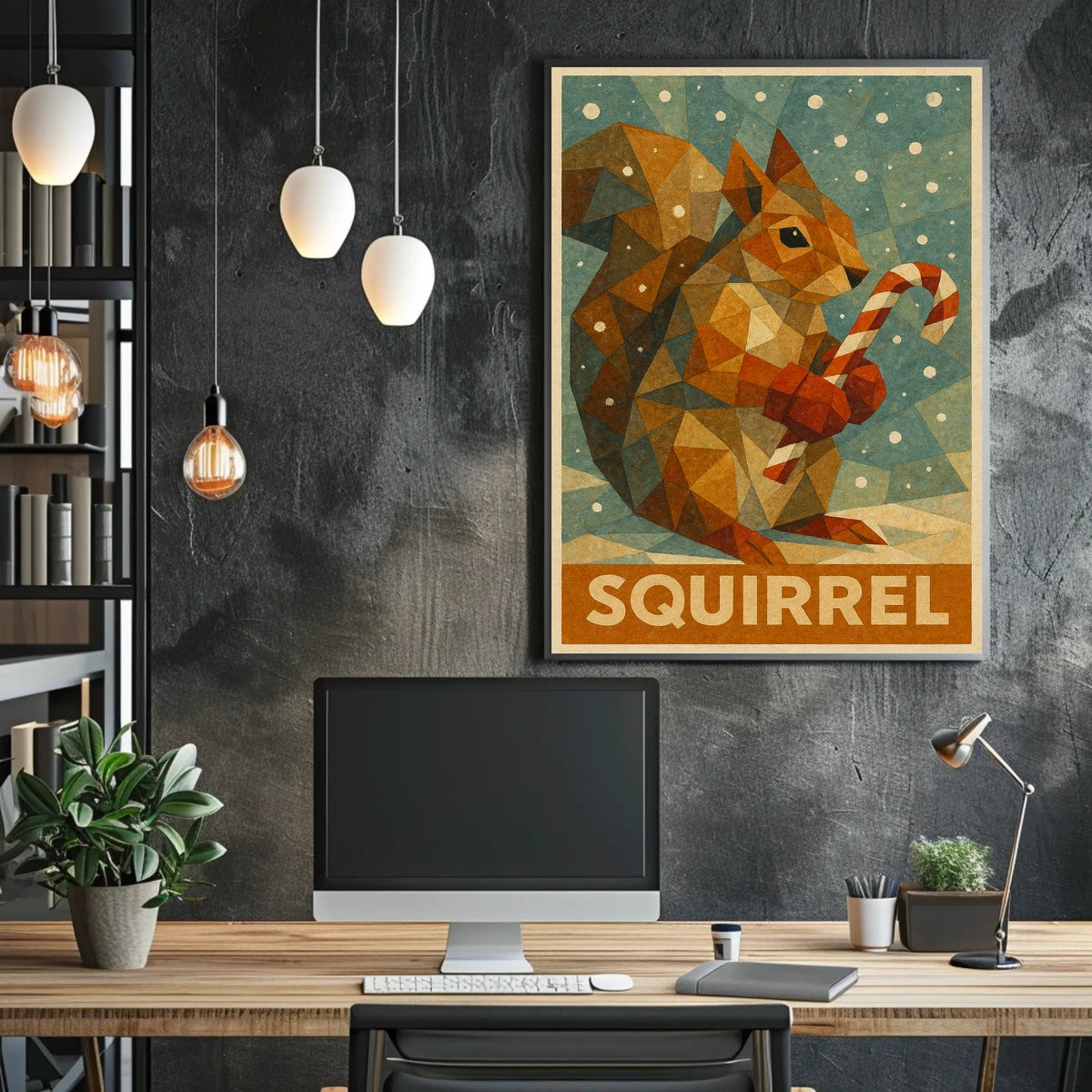 Geometric Squirrel with Candy Cane Poster