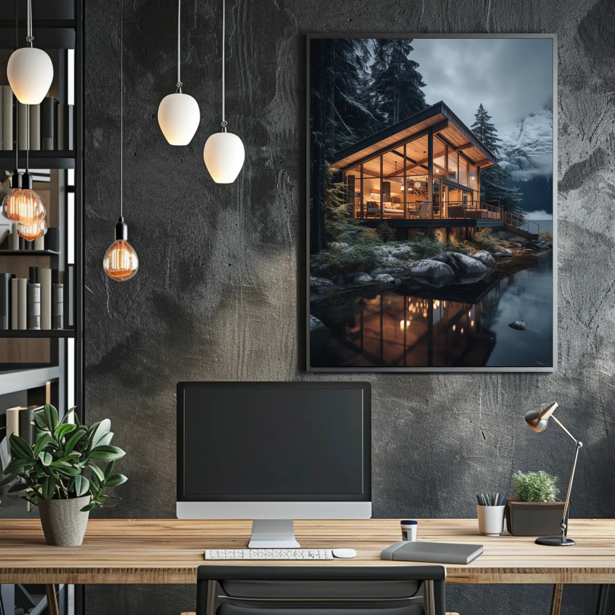 Modern Mountain Retreat in Snowy Forest Poster