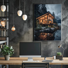 Modern Mountain Retreat in Snowy Forest Poster