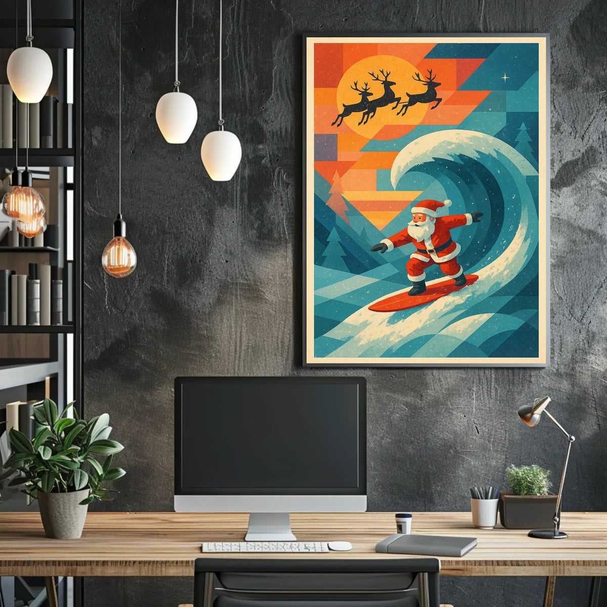 Santa Surfing Retro Holiday Adventure Poster