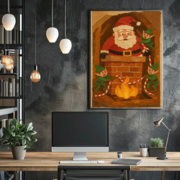 Playful Santa Chimney Scene with Elves Christmas Poster