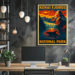 Kenai Fjords National Park Vintage Travel Dramatic Glacier Landscape Alaska Whale Tail Adventure Poster