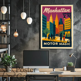 Manhattan's Retro Vibe: Vintage Urban Cityscape Travel Poster