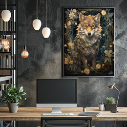 Majestic Wolf with Flowers Art Nouveau Animal Poster