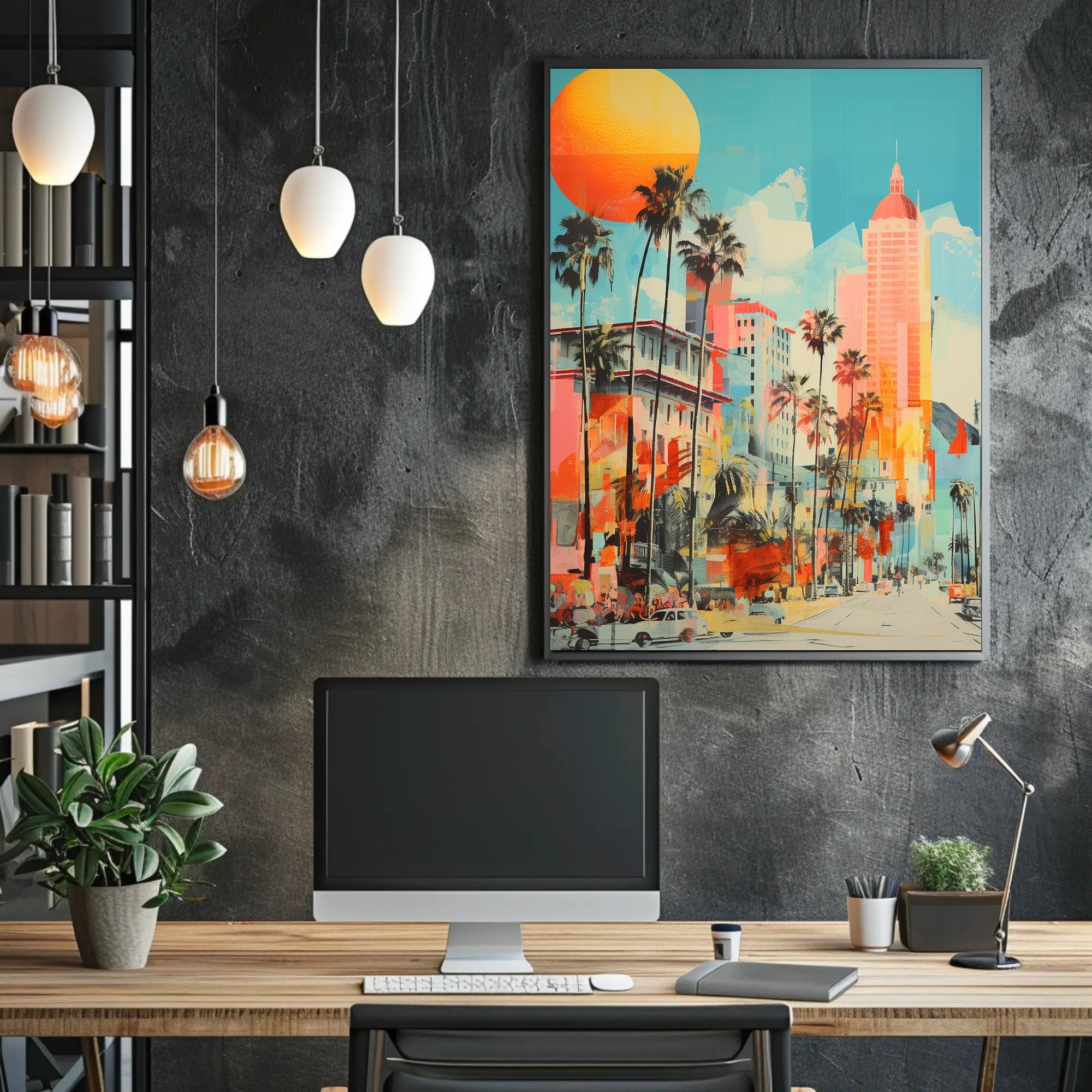 Retro-Modern Urban Scene: Coastal City Artistic Poster