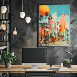 Retro-Modern Urban Scene: Coastal City Artistic Poster