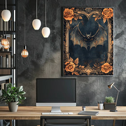 Gothic Bat Art Poster with Intricate Floral Design