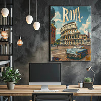 Vintage Rome Colosseum Scene with Classic Car Travel Poster
