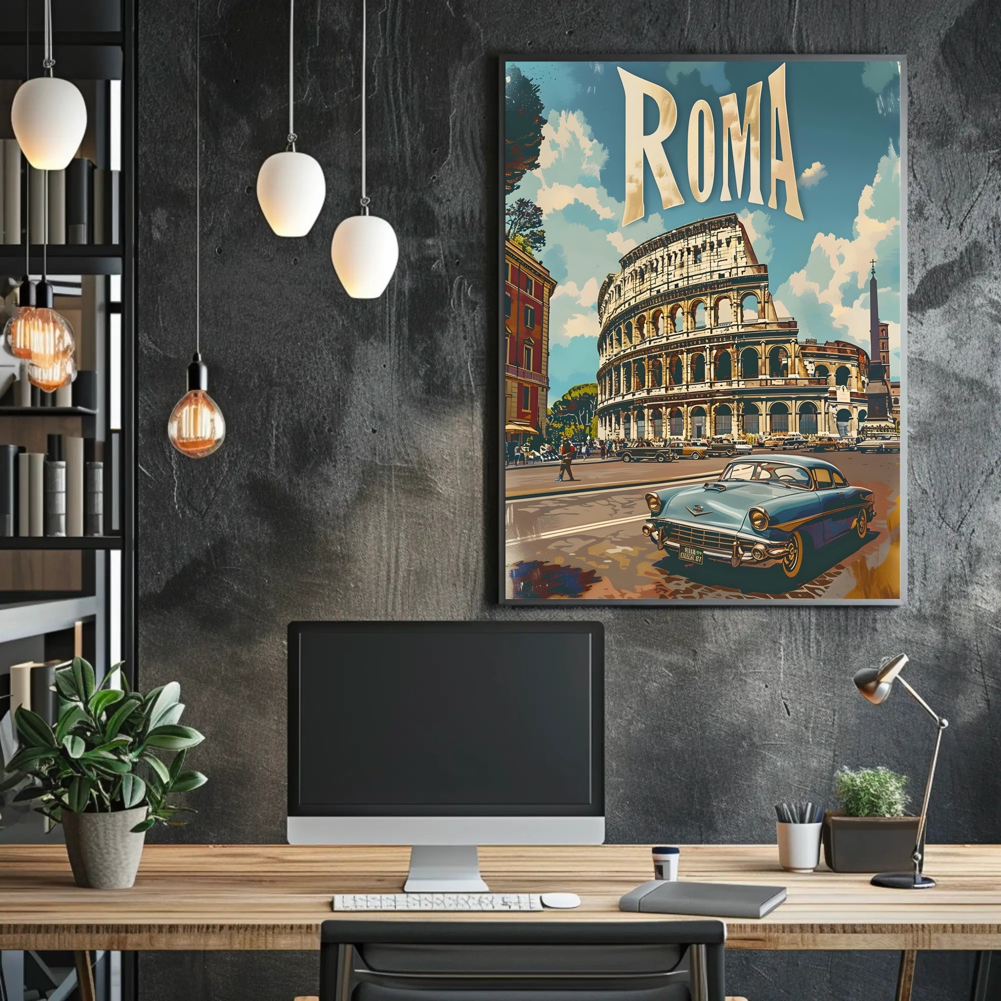 Vintage Rome Colosseum Scene with Classic Car Travel Poster