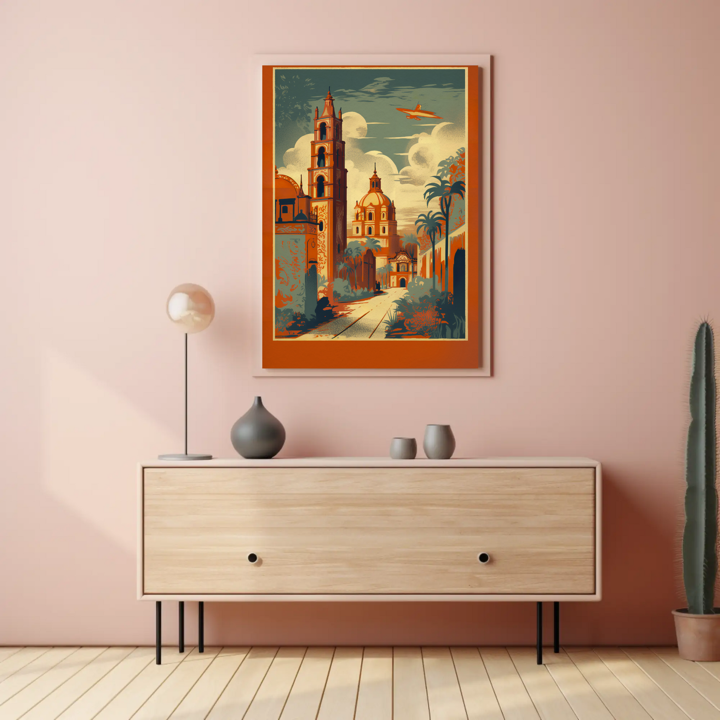 Colonial Cathedral Landmarks Courtyard Palms Plane Travel Poster