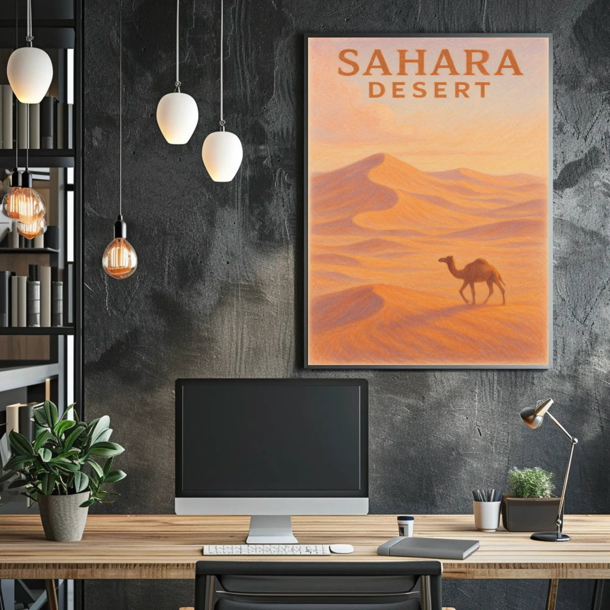 Sahara Desert Exploration Travel Retro Eighties Art Deco Camel Silhouette Golden Dunes Nostalgic Decor Poster