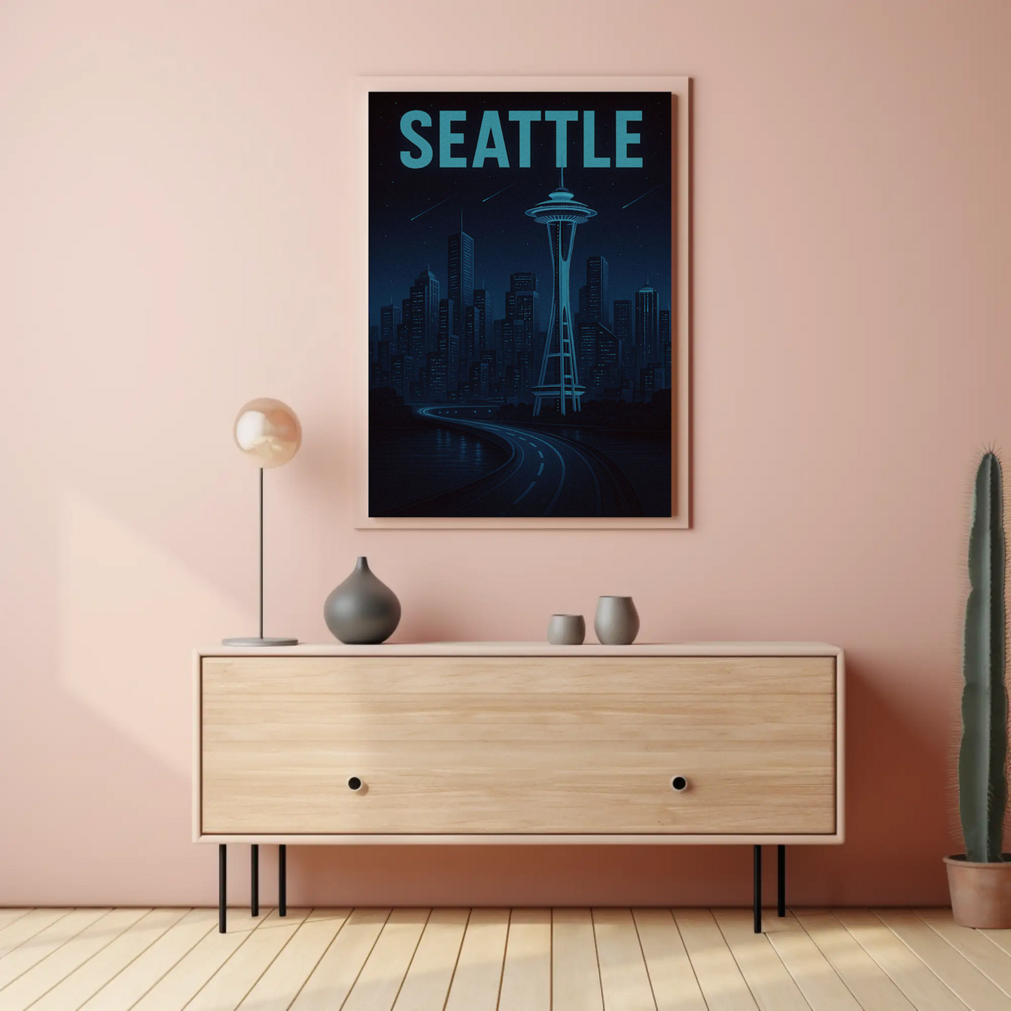 Seattle Futuristic Blue Night Skyline Space Needle Travel Poster