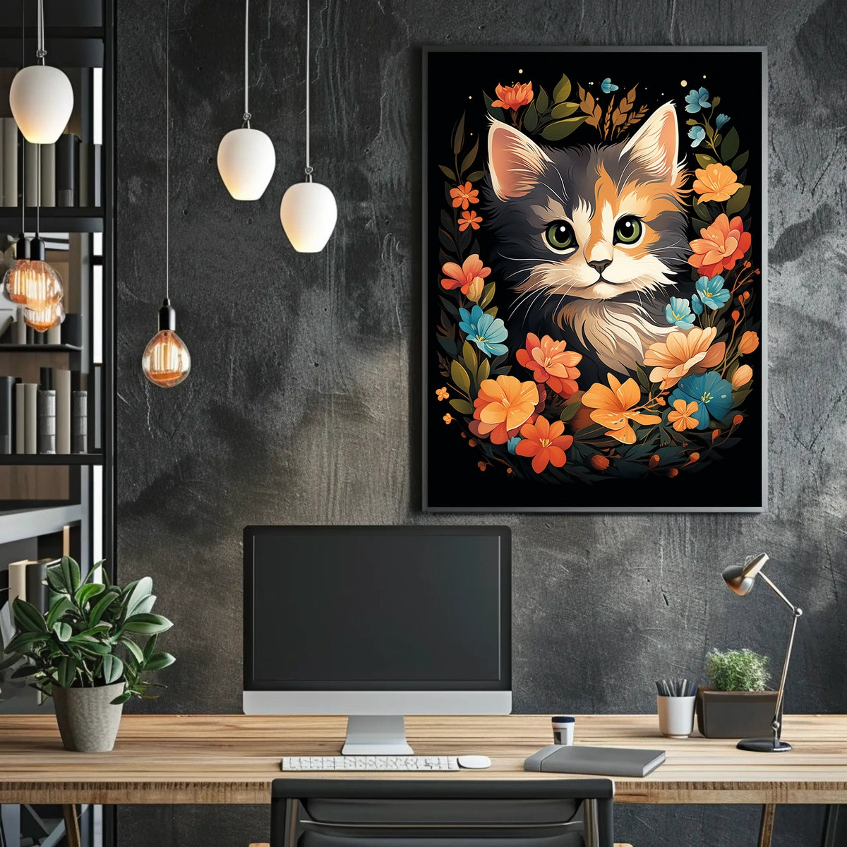 Charming Cat Amidst Vibrant Floral Wonderland Poster